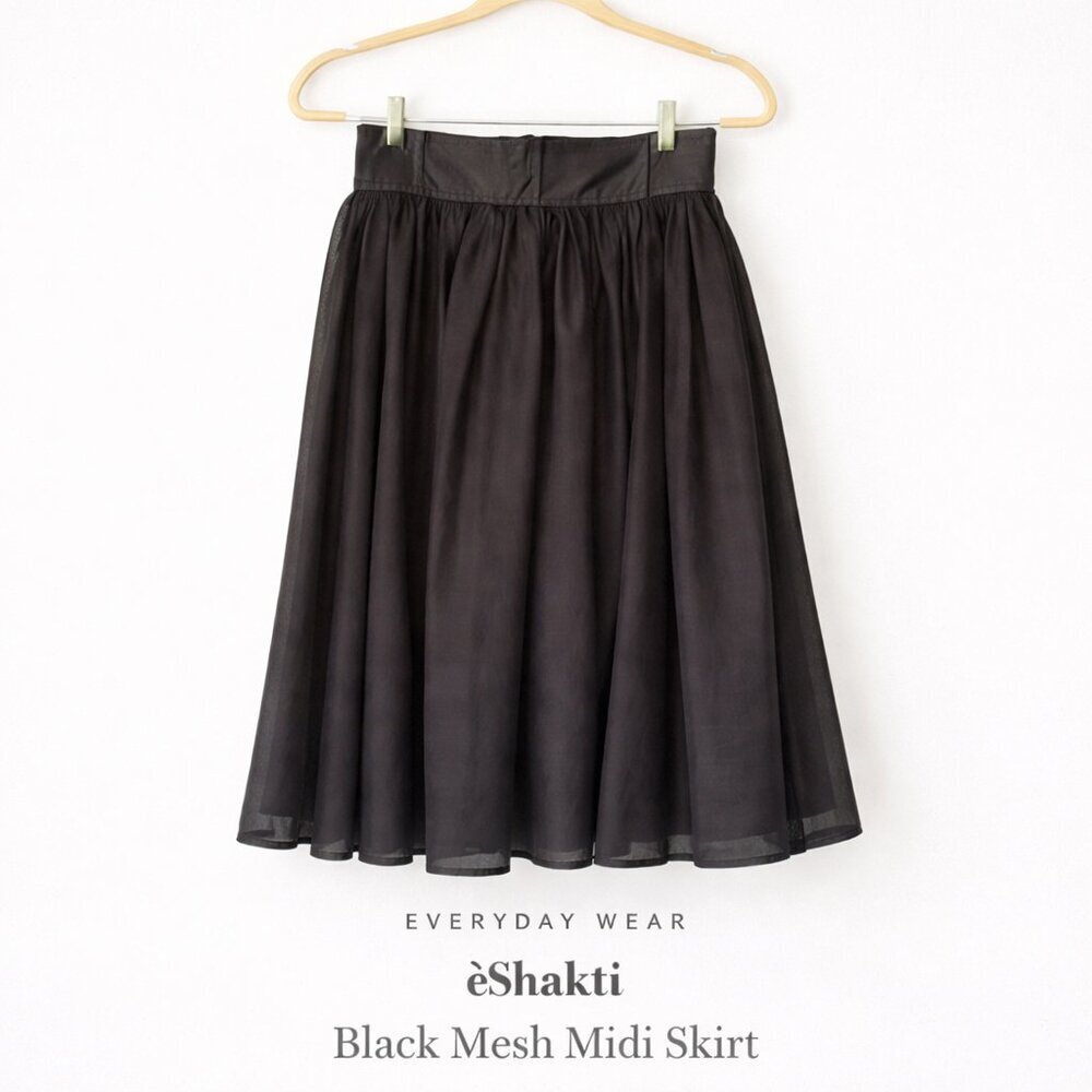 eShakti Black Mesh Midi Skirt Smocked Waist Lined Party Cocktail Tulle Look
